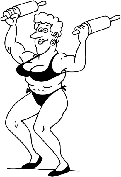 Muscular woman lifting weights vinyl sticker. Customize on line. Crazy Comics 026-0221